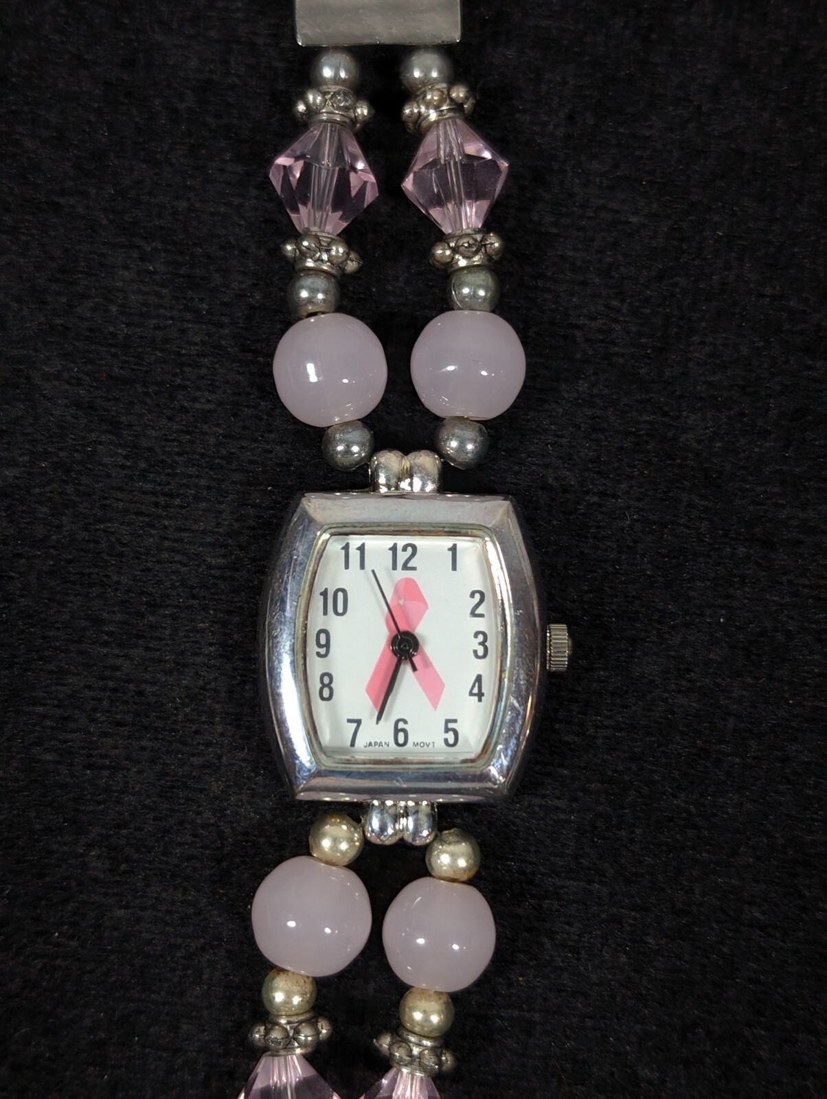 Pink Ribbon Awareness Glass Bead Toggle Bracelet Watch 6.5 inches