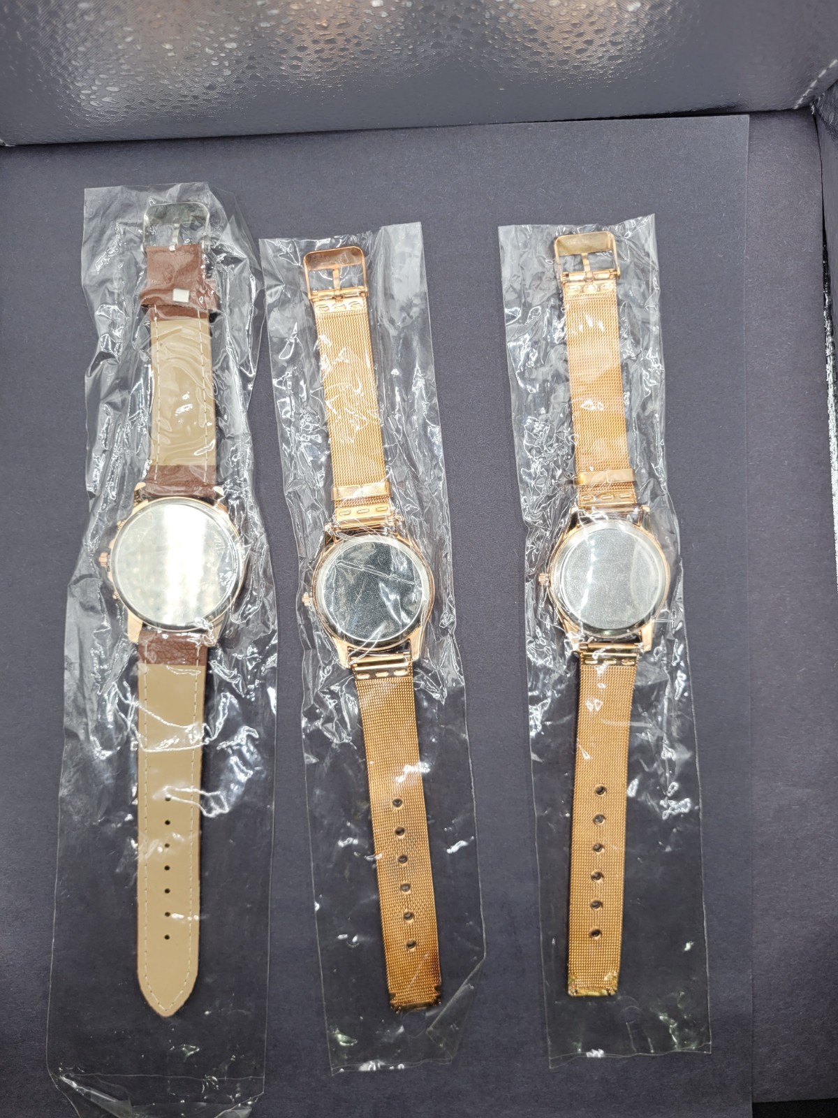 Women’s Gold Tone Mesh & Brown Faux Leather Strap Watch Set Of 3