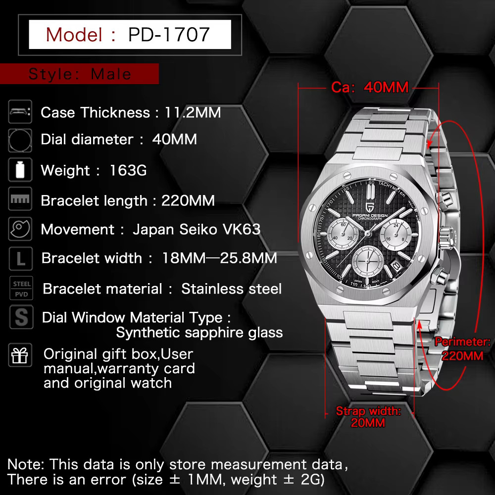 PAGANI DESIGN 2024 New Stainless Steel Watch Luxury Sports Chronograph Quartz