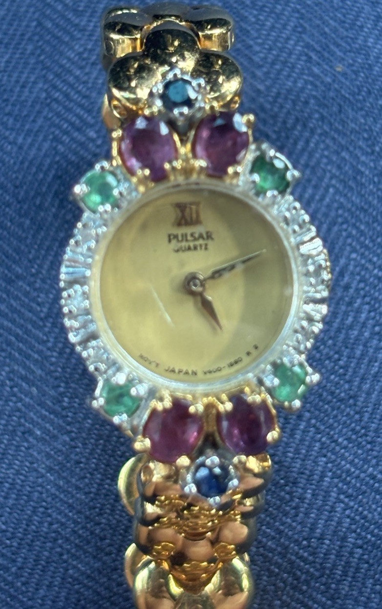 Vtg Pulsar Watch Women Ruby Sapphire Emerald Diamond V400-L312 7.25″