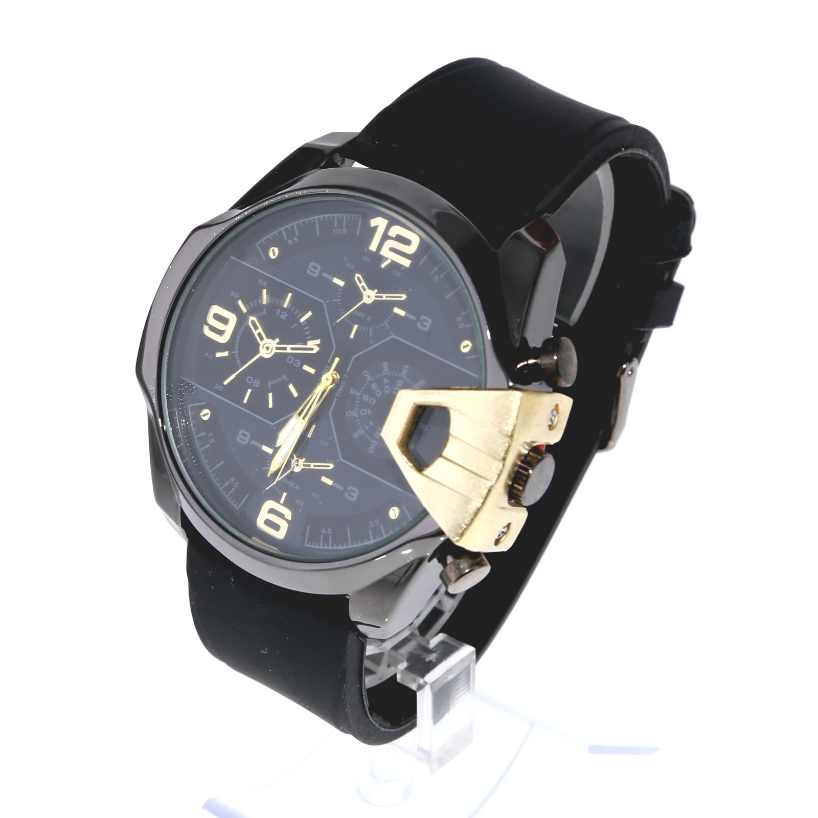 Men’s Oversize Watch Designer Style Gold & Black Finish Silicone Band`