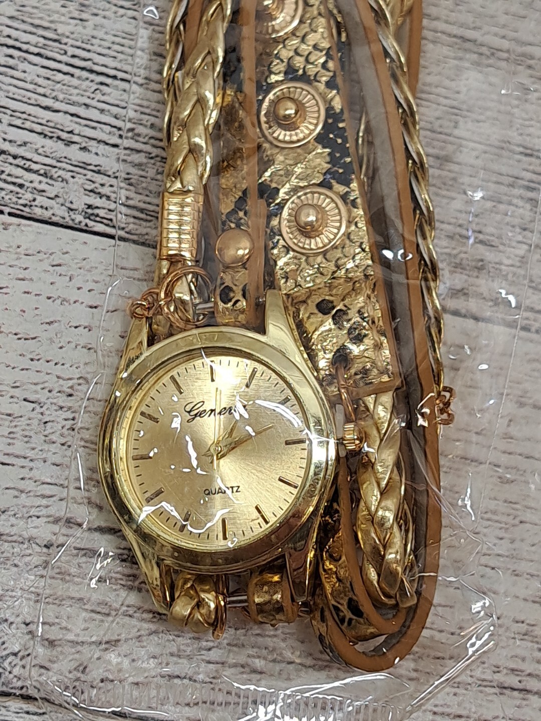 Geneva Women’s Watch Button Snap Multi Braid Snake Skin Gold Tone Bracelet Band