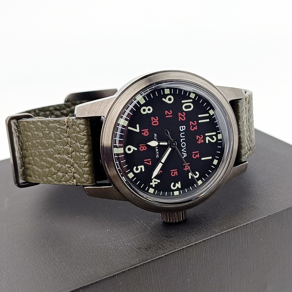 Bulova Military Hack 98A255 Black Dial Green Leather Strap Automatic Men’s Watch