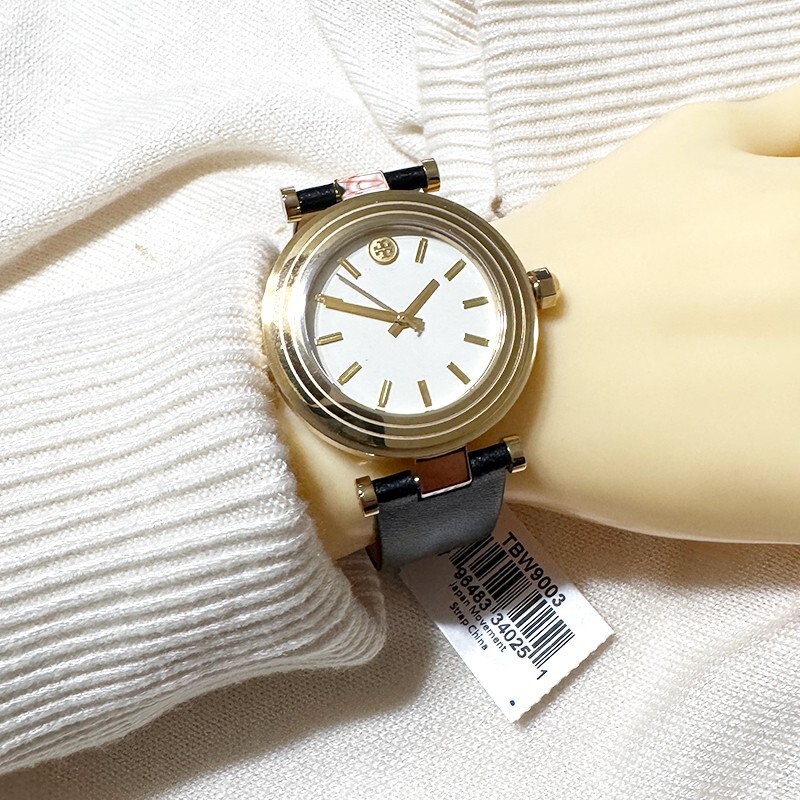 NWT! Authentic TORY BURCH Classic-T Ivory Dial Black Leather Strap Watch TBW9003