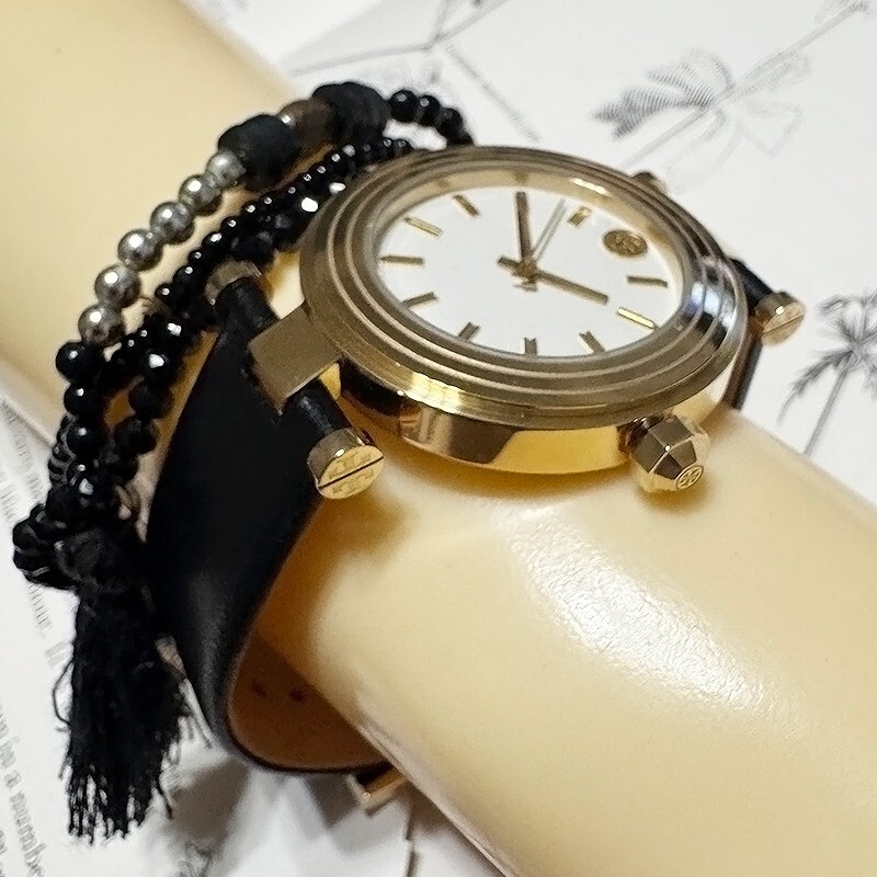 NWT! Authentic TORY BURCH Classic-T Ivory Dial Black Leather Strap Watch TBW9003