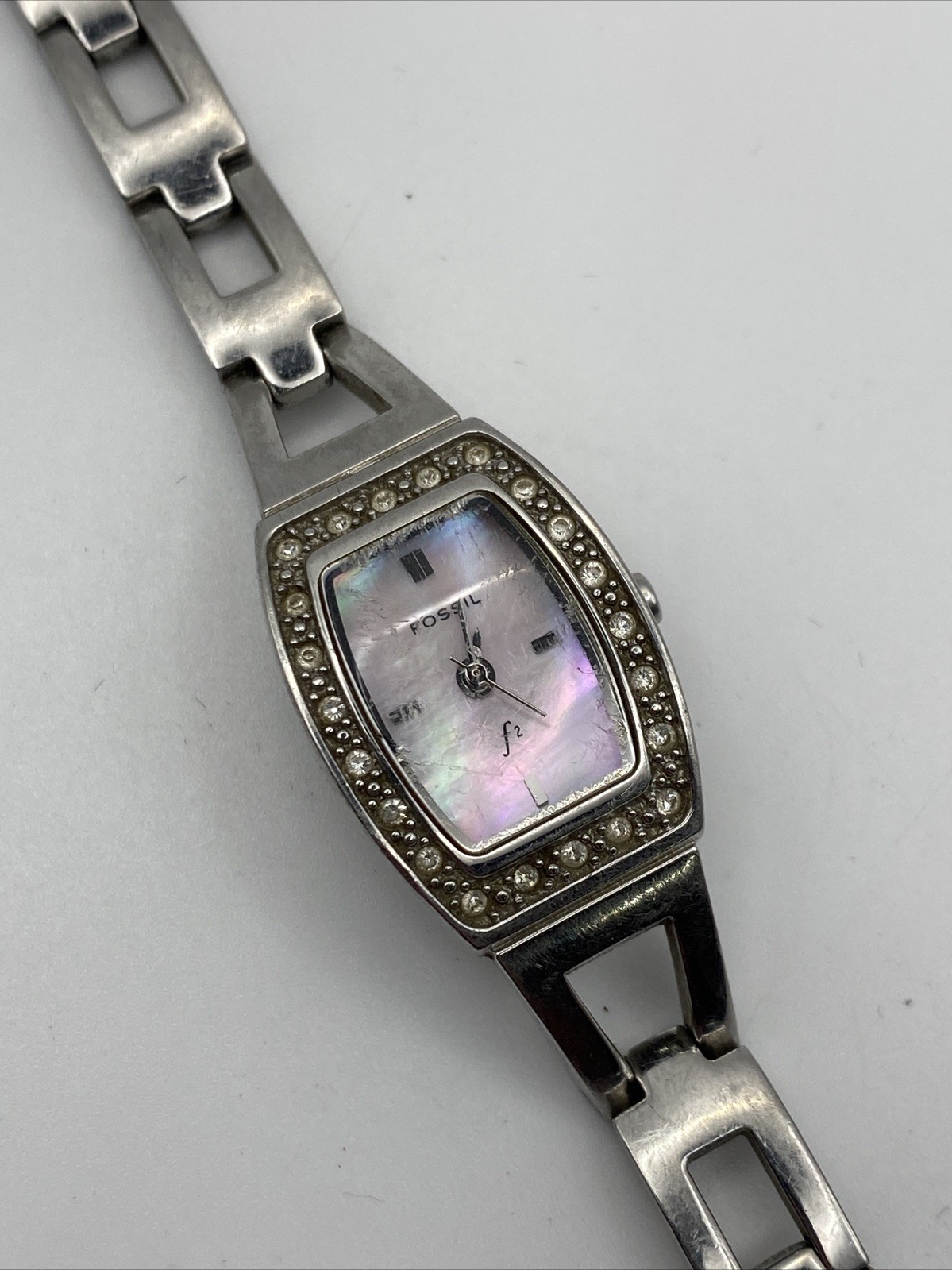 Ladies Fossil f2 ES-9722 Silver Tone Pink MOP Dial Quartz Rhinestone Bezel Watch