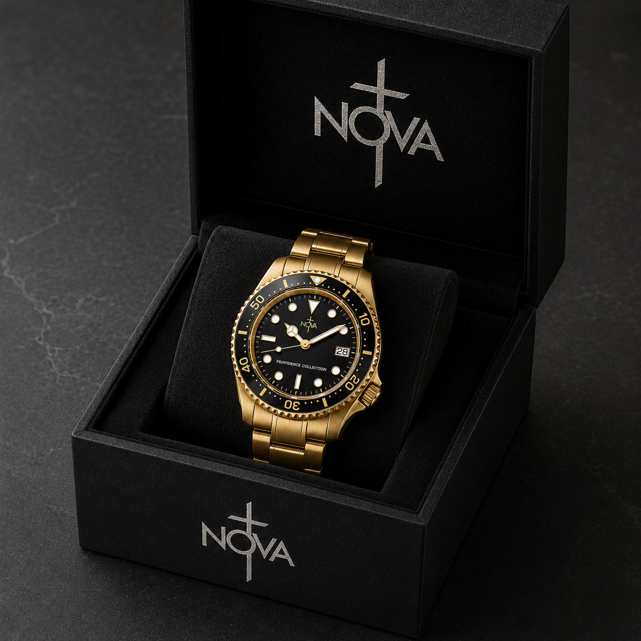Nova Christian Providence Custom Watch Gold Black Dial 40mm Box