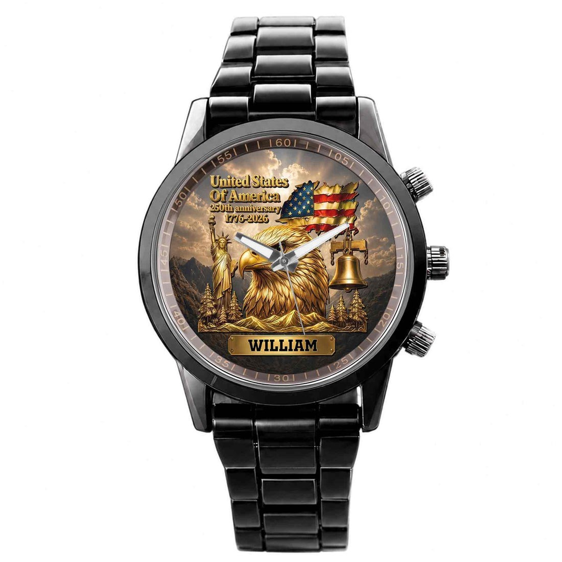 Personalized United States Of America Anniversary Black Stainless Steel Watch