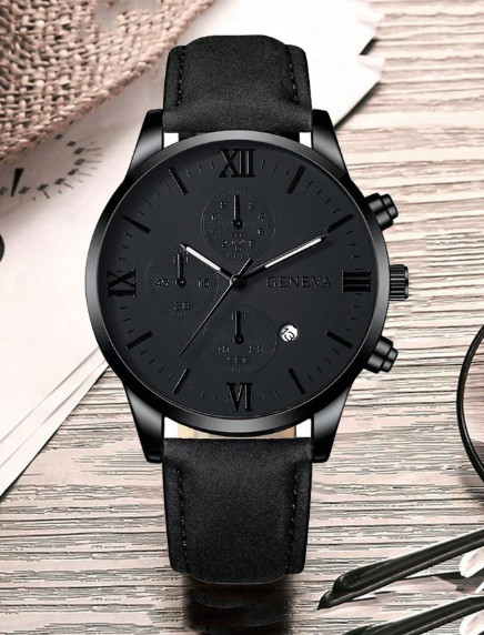 Men’s Black Wristwatch Geneva Roman Chronograph Quartz Watch, Faux Leather Strap