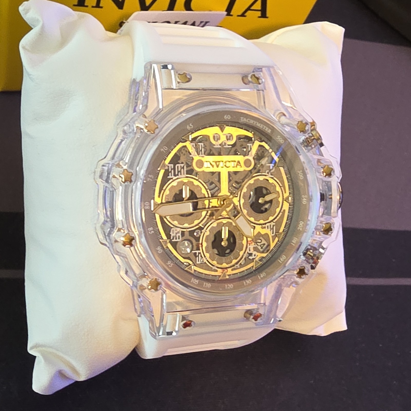 Invicta Racing Vaulthan Tachymeter Date Black/Gold Dial Clear Case Watch 44mm