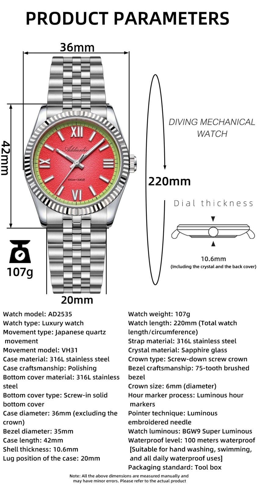 Addiesdive Watermelon Red 36mm Watch Fluted Bezel Wrapped Quartz 100m Sapphire