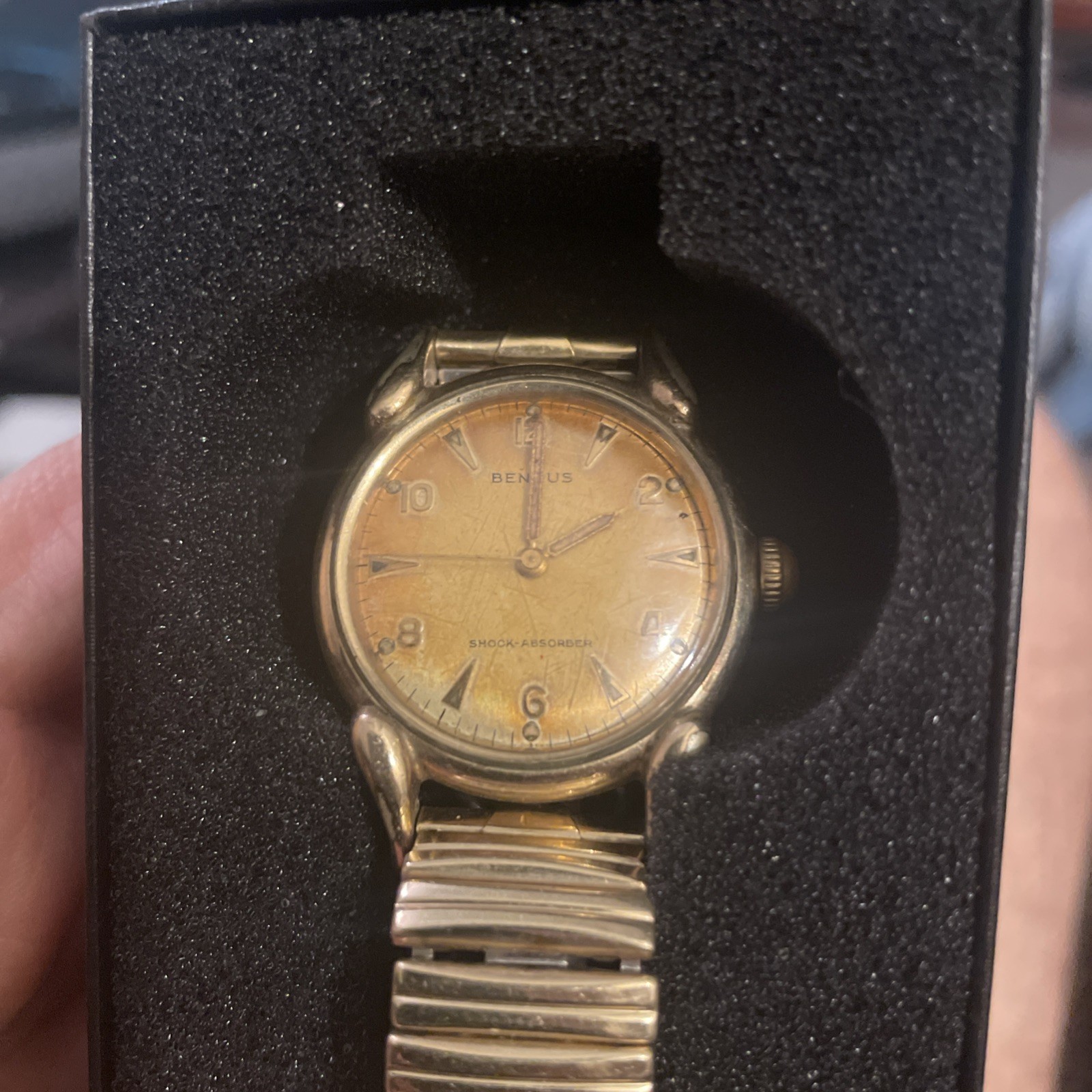 Vintage Benrus Manual Wind Shock-Absorber Swiss Watch Gold Tone Patina Dial Runs