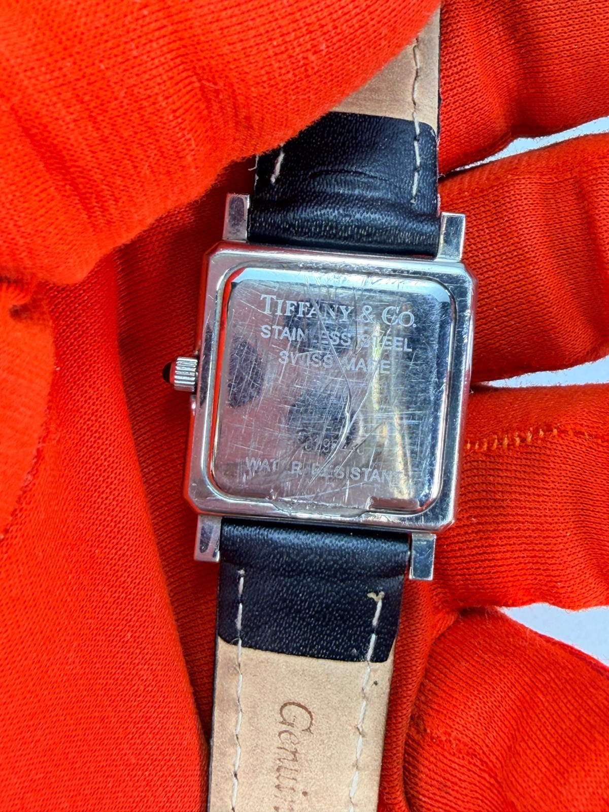 Tiffany & Co Swiss Made Tank Watch Stainless Steel Quartz Leather Strap Working