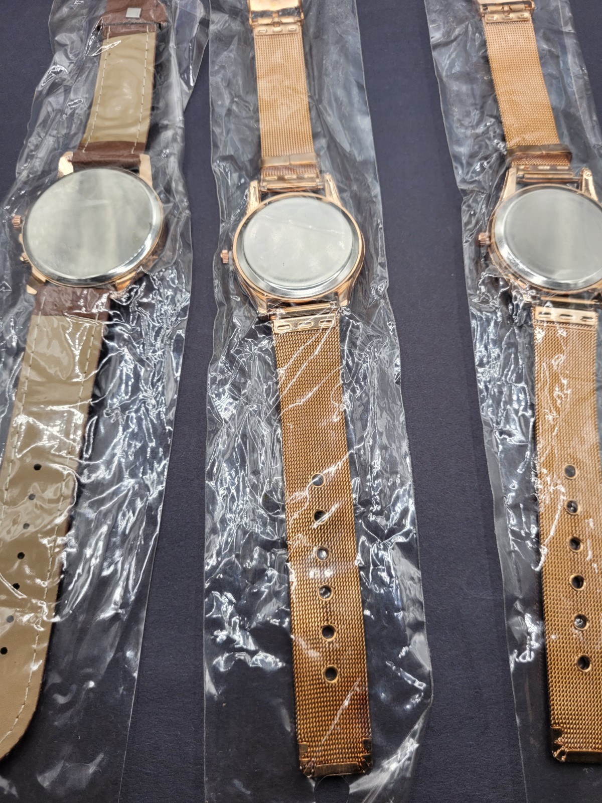 Women’s Gold Tone Mesh & Brown Faux Leather Strap Watch Set Of 3