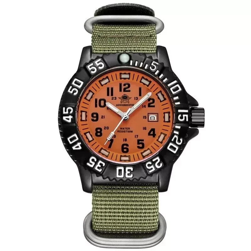 40MM ADDIESDIVE Military Quartz Watch Dive Men’s Nylon 50M Waterproof Luminous