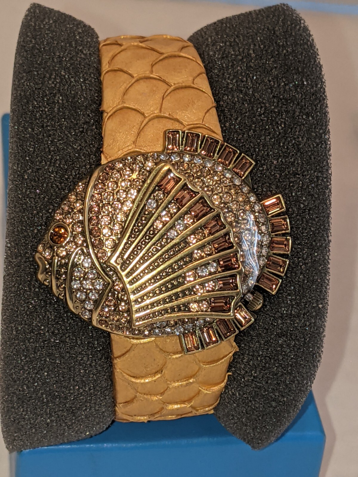 HEIDI DAUS “Gone Fishing” Crystal Covered-Dial Leather Strap Watch ~ Sand Color