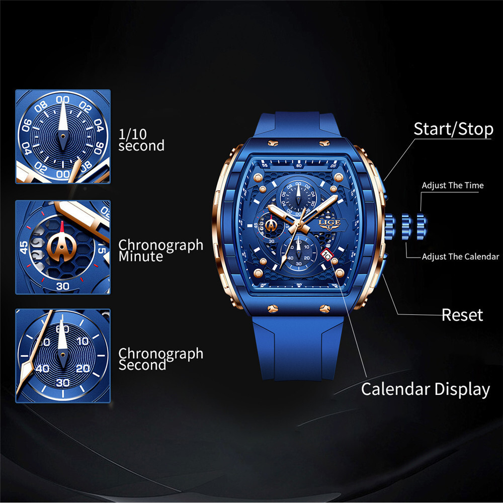 LIGE Men Quartz Watch Rectangle Wristwatch Chronograph Males Date Sport Watches