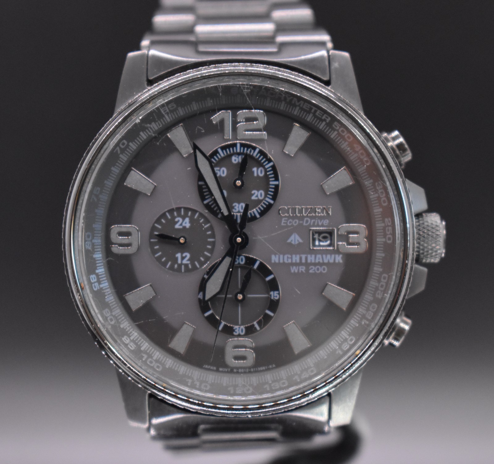 Citizen Nighthawk Eco-Drive Chronograph WR-200 Men’s Black Watch Date B612