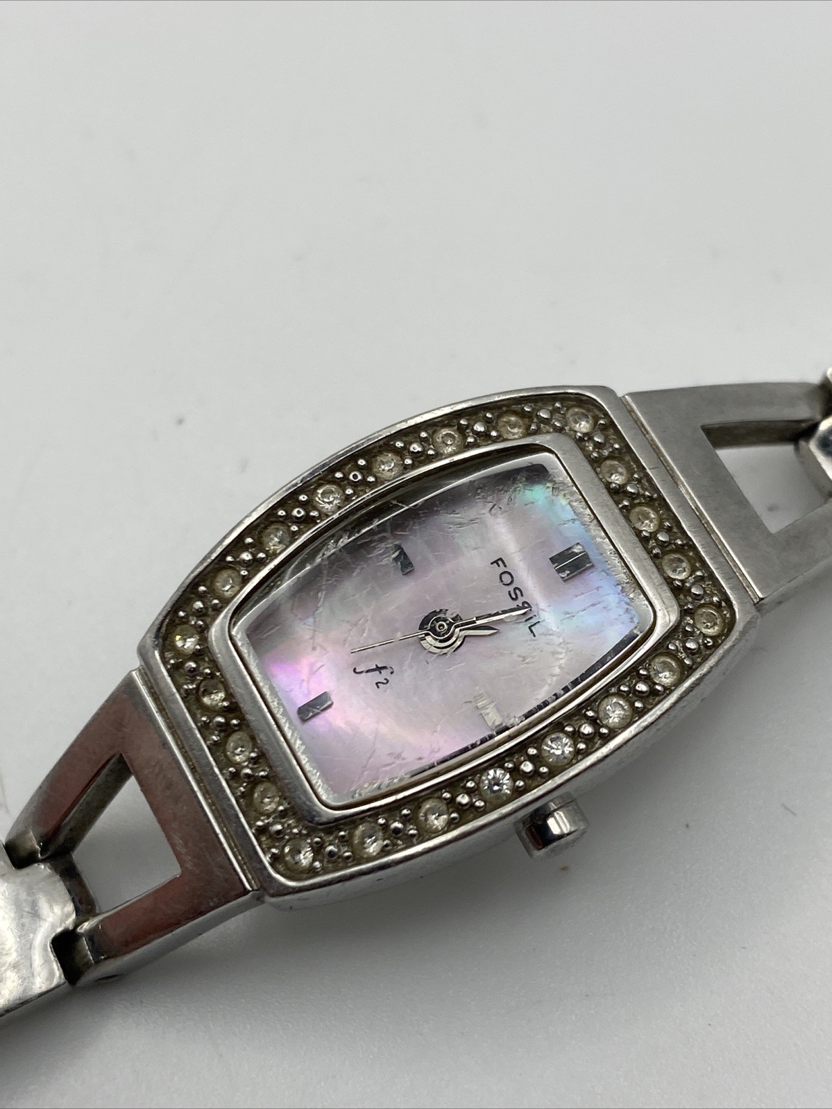 Ladies Fossil f2 ES-9722 Silver Tone Pink MOP Dial Quartz Rhinestone Bezel Watch