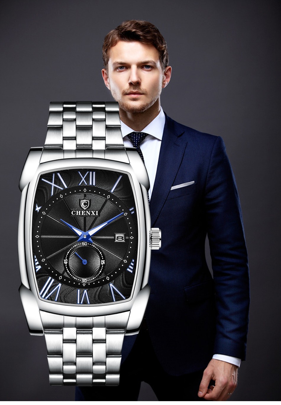 CHENXI Men’s Stainless Steel Rectangle Luminous Business Calendar Quartz Watch