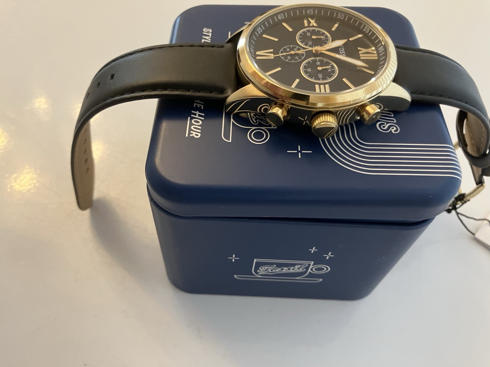 New Fossil Flynn Goldtone,Leather,Men’s Watch,Japan Chronograph Caliber, NWT+Box