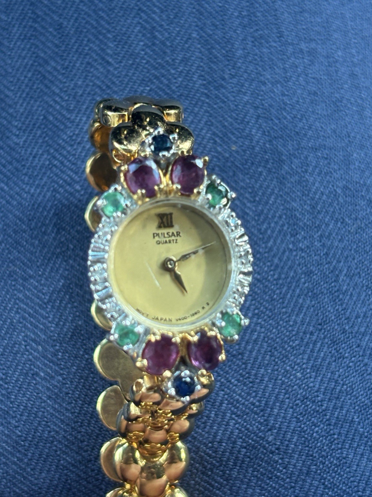 Vtg Pulsar Watch Women Ruby Sapphire Emerald Diamond V400-L312 7.25″