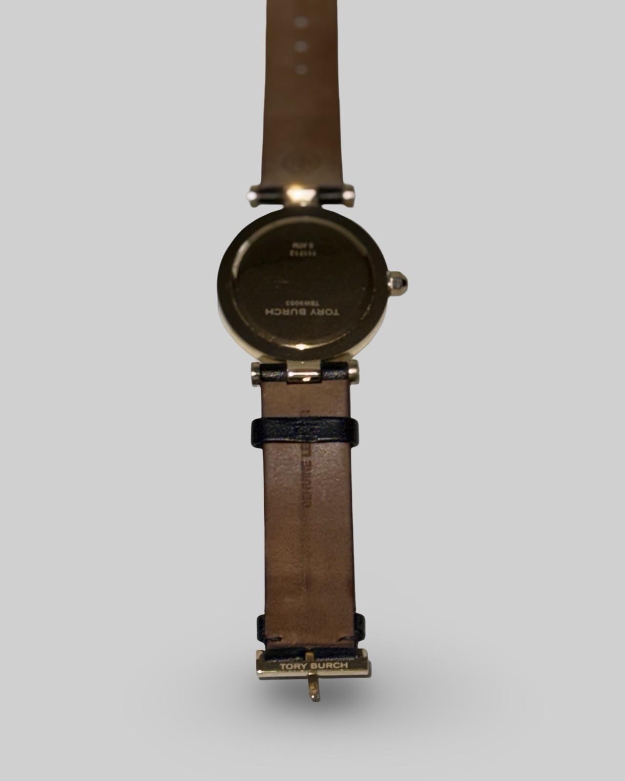 AUTHENTIC Tory Burch Classic-T Ivory Dial Black Leather Strap Watch TBW9003-USED