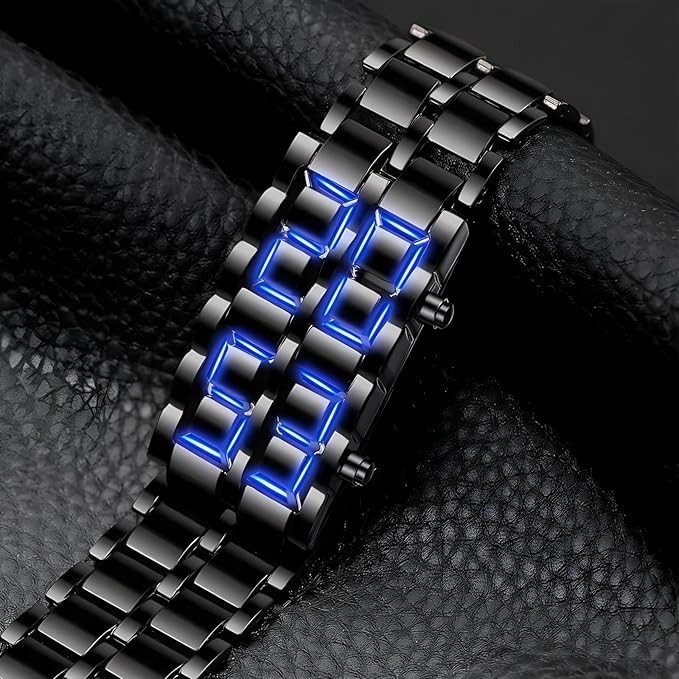 LED Digital Watch, Black & Blue Stainless Steel Lava Style, Samurai Bracelet