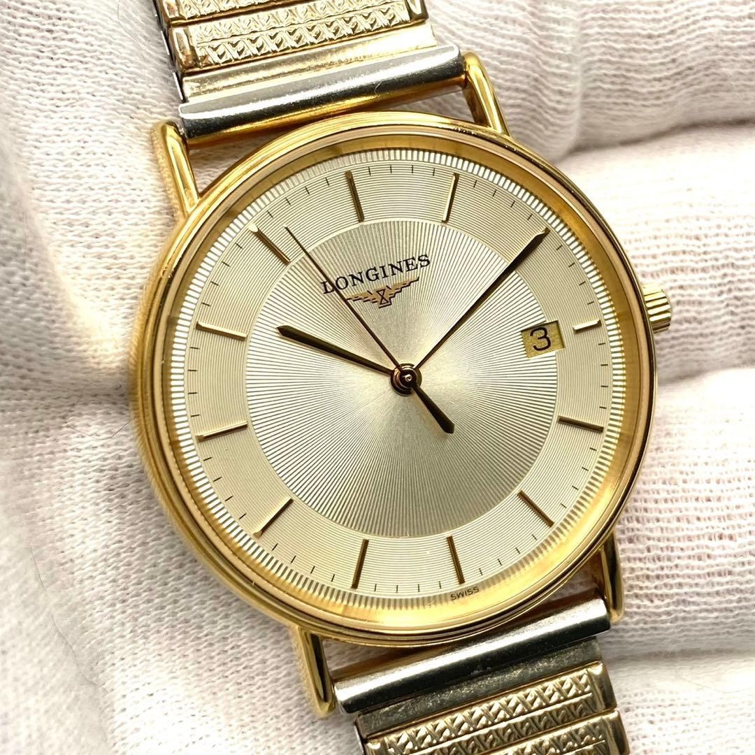 LONGINES L4.720.2 Quartz Date Watch Gold Dial Gold Round Face Stainless Steel