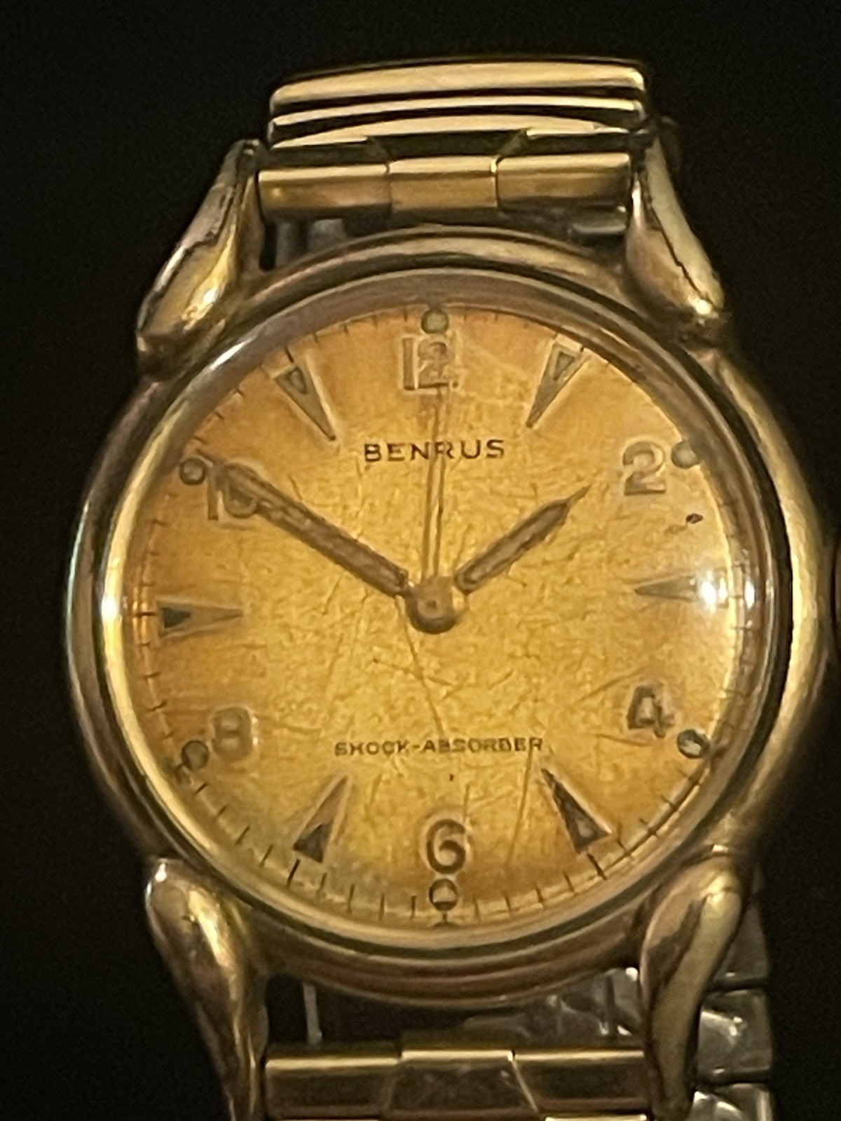 Vintage Benrus Manual Wind Shock-Absorber Swiss Watch Gold Tone Patina Dial Runs