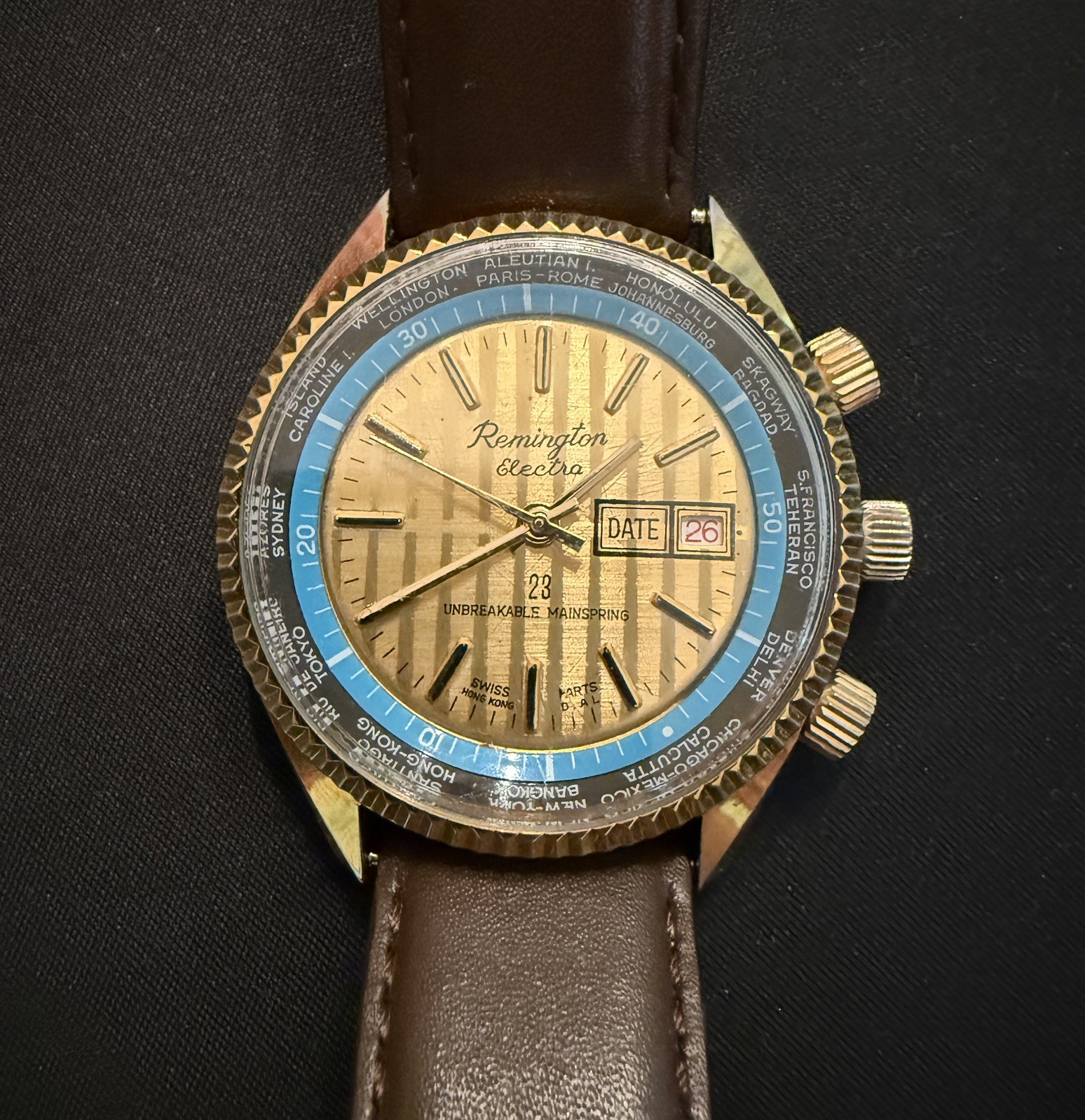 Gold Remington Electra Worldtimer Rotating Inner Bezel Manual Swiss Watch 42MM