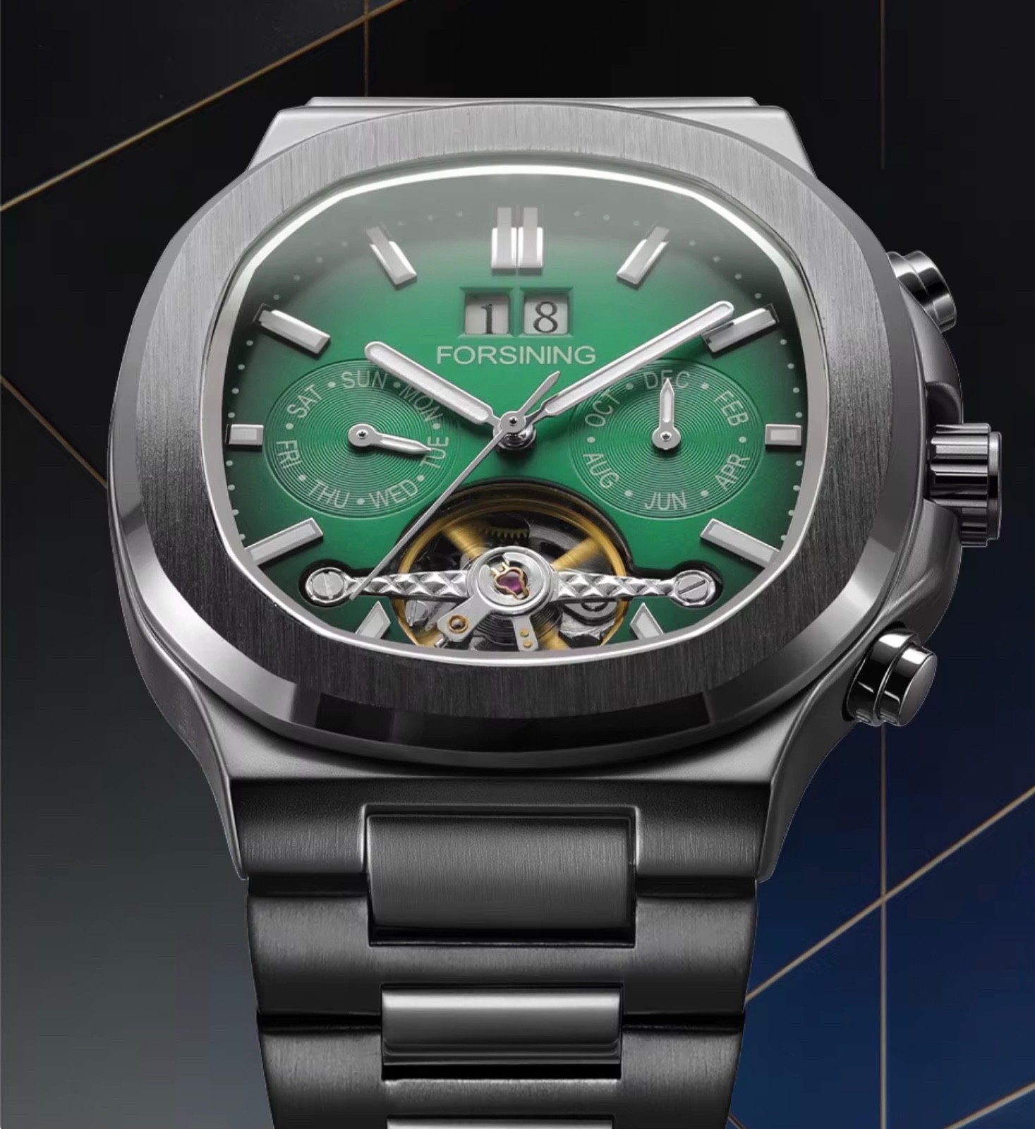 FORSINING Brand Tourbillon Men’s Automatic Mechanical Stainless Steel Band Watch
