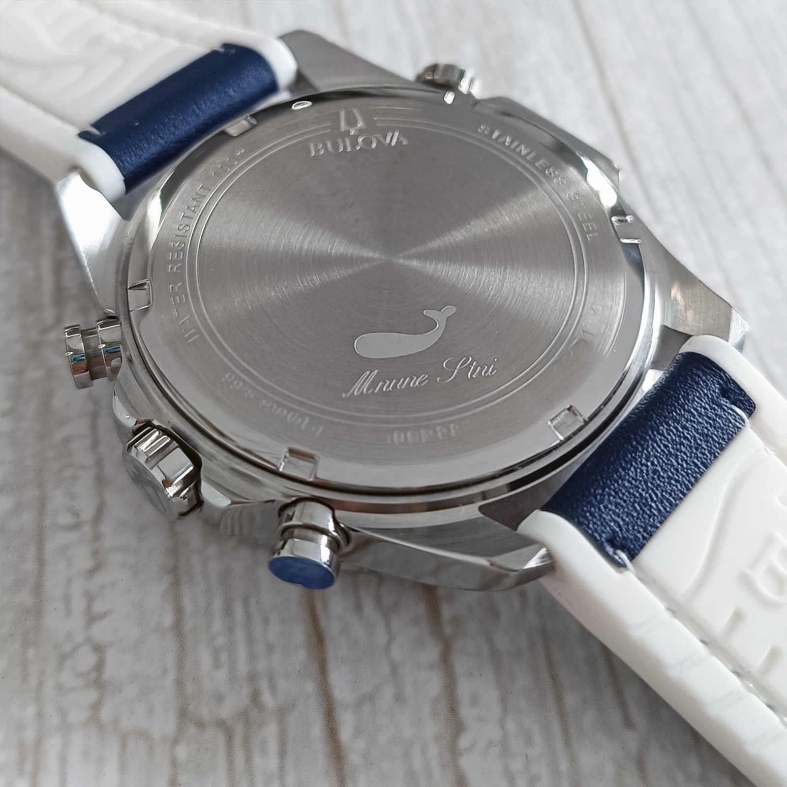 Bulova Marine Star Blue Dial Silicone Leather Men Chronograph 96B287 Watch 43mm