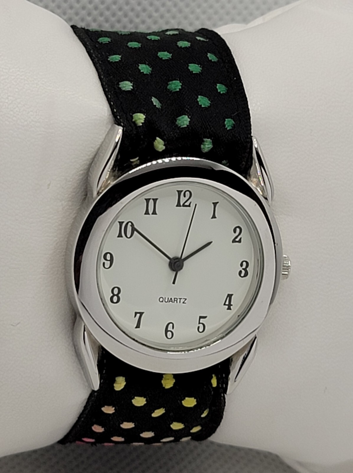 Ladies Trendy Round Silver Tone Black Multicolor Polka-Dot Nylon Band Watch J8