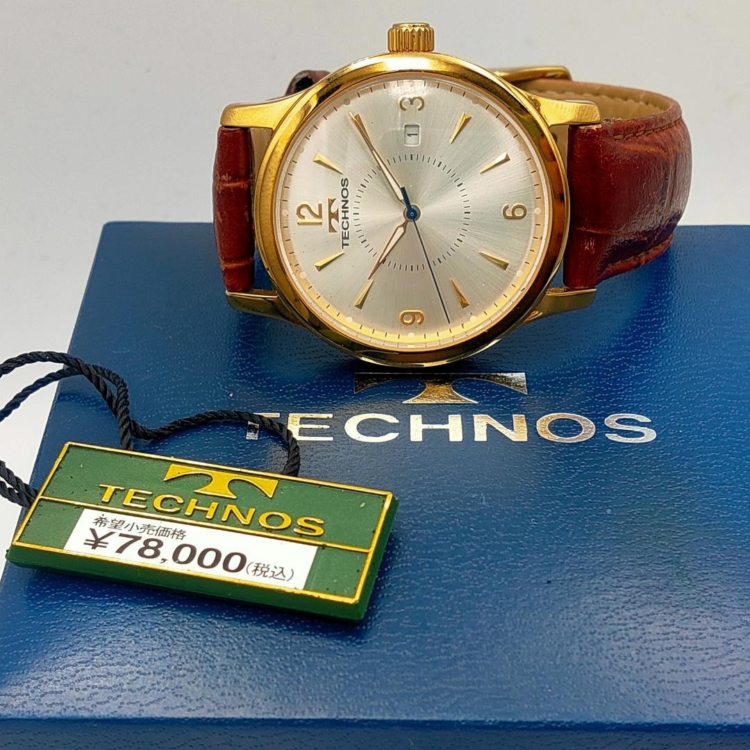 USED TECHNOS T4167 Gold-Tone Date Leather Band Quartz Watch