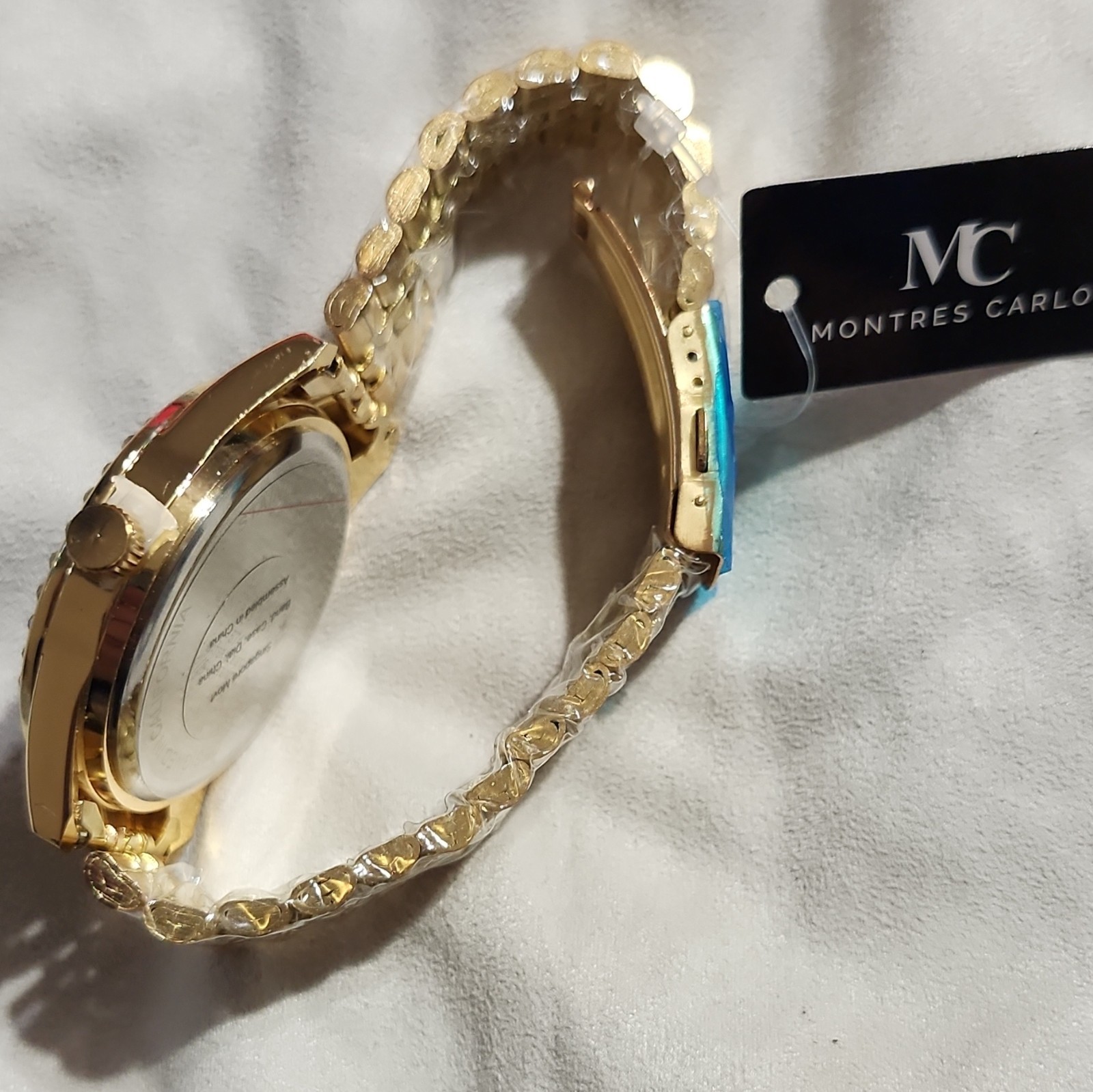 Montres Carlo MC Quartz Gold Tone Bracelet Blue Dial Gem-Set Bezel