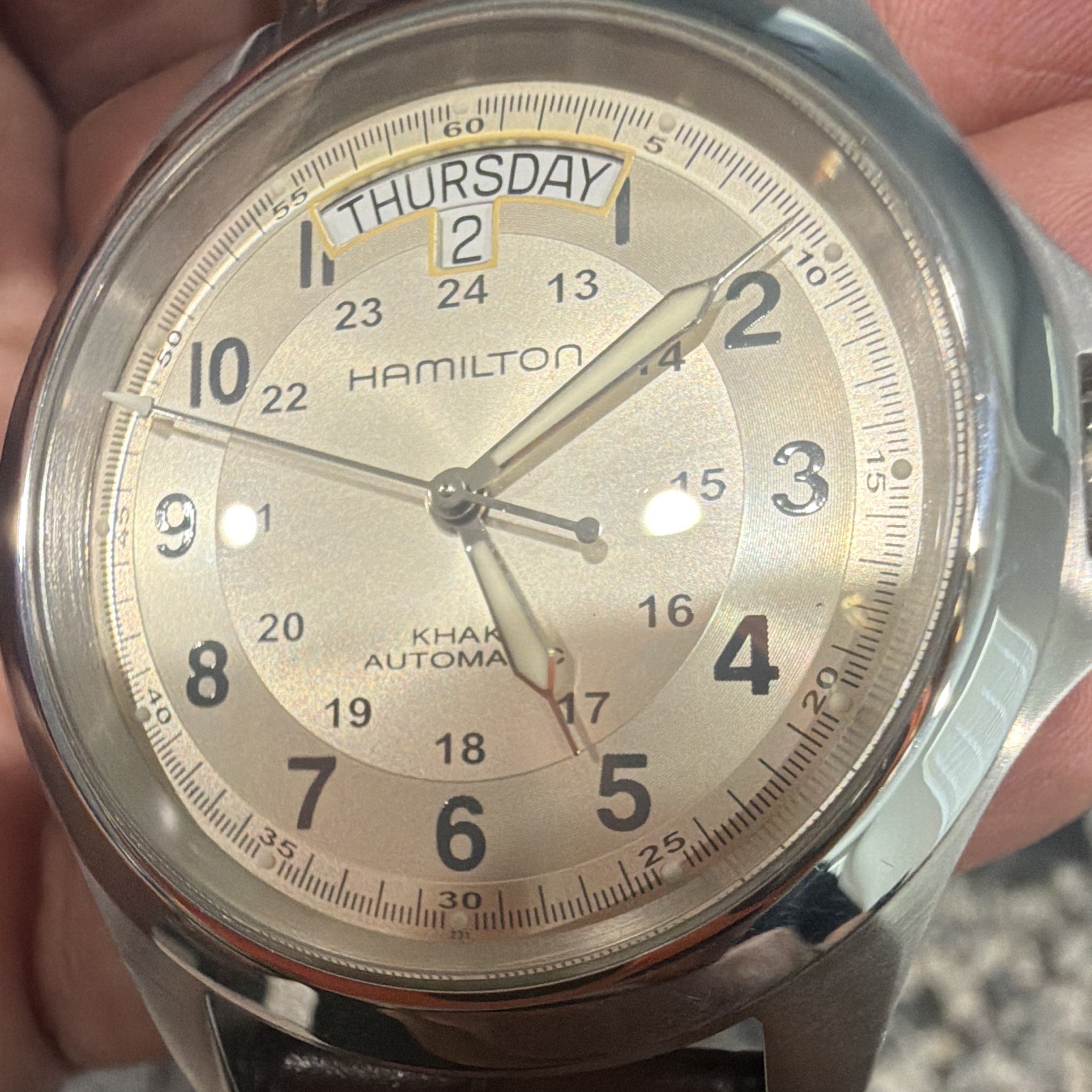 Hamilton Khaki Automatic Day-Date 40mm Silver Dial Brown Leather Strap Box