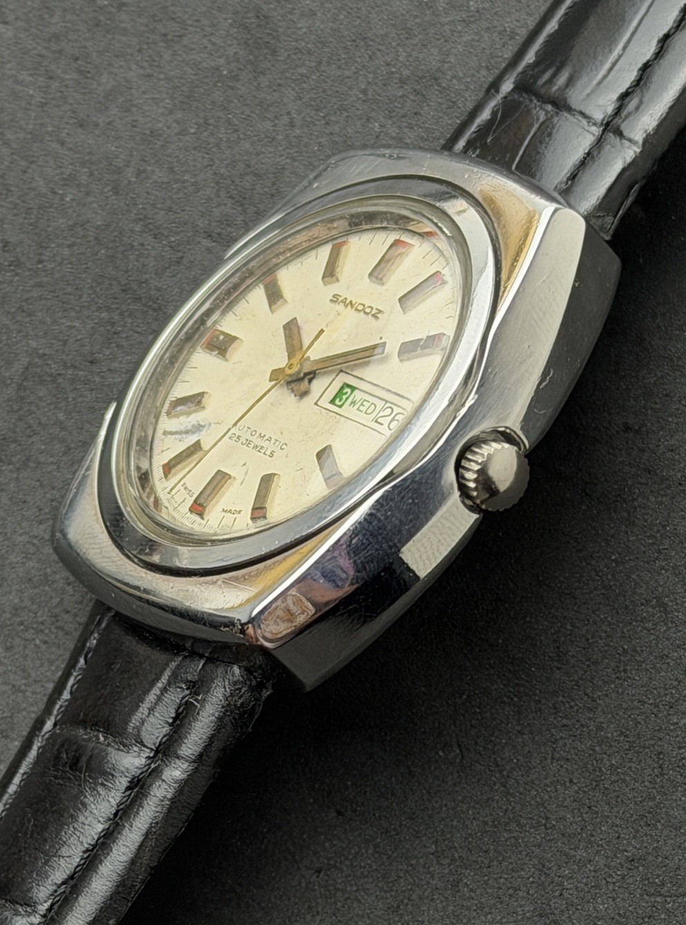 Vtg 1976 SANDOZ Day Date Men’s 40mm Automatic Watch 25 Jewels Steel Cream Dial