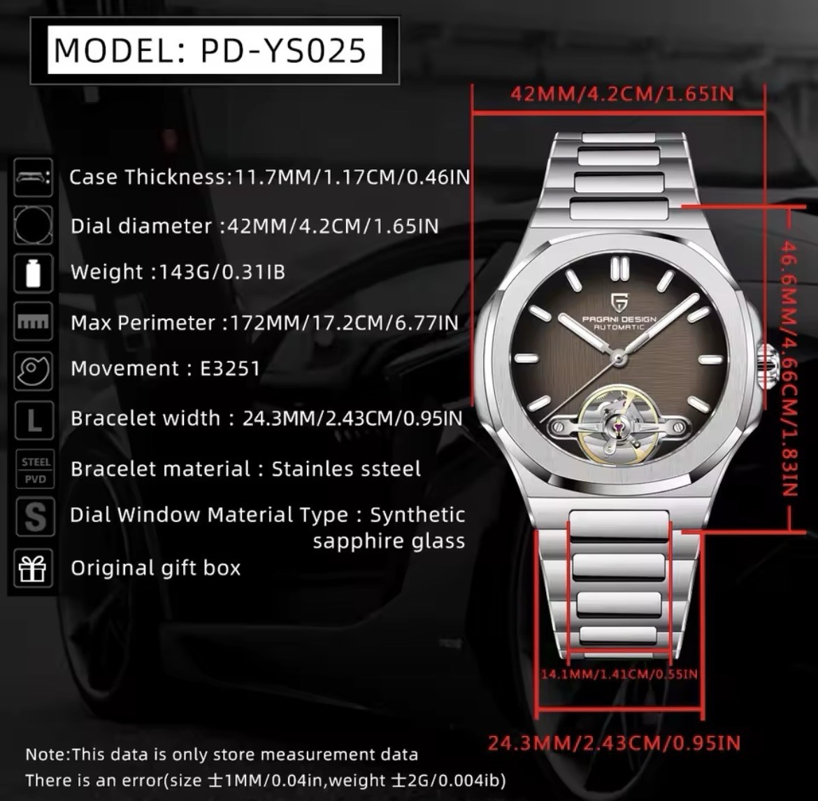Pagani Design PD-YS025 Blue Men’s Automatic Tourbillon 42mm Sapphire Steel