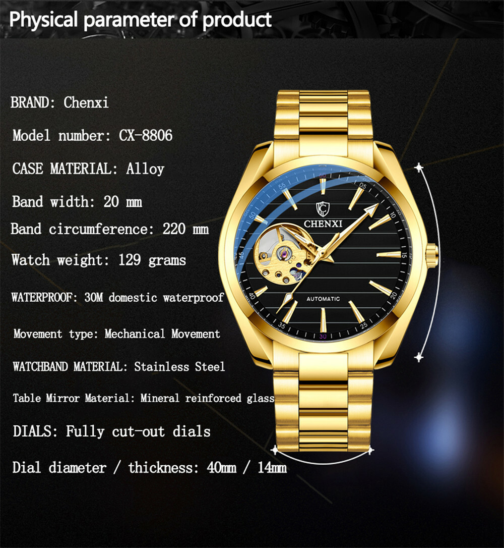 CHENXI Men Mechanical Automatic Stainless Steel Hollow Business Wrist Watches