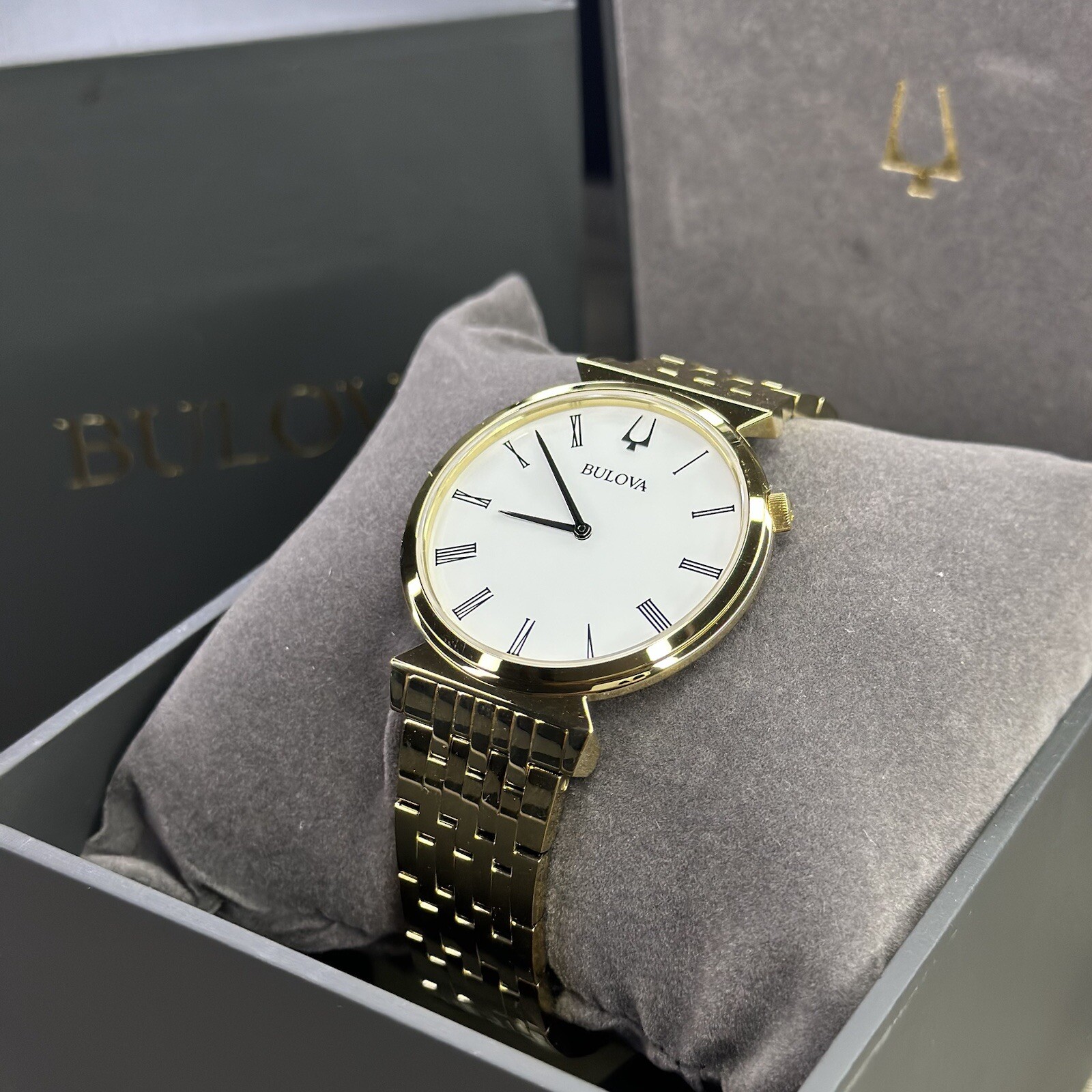 NEW✅SLIM✅ Bulova Regatta Gold Stainless Steel Roman Numerals Men’s Watch 97A153