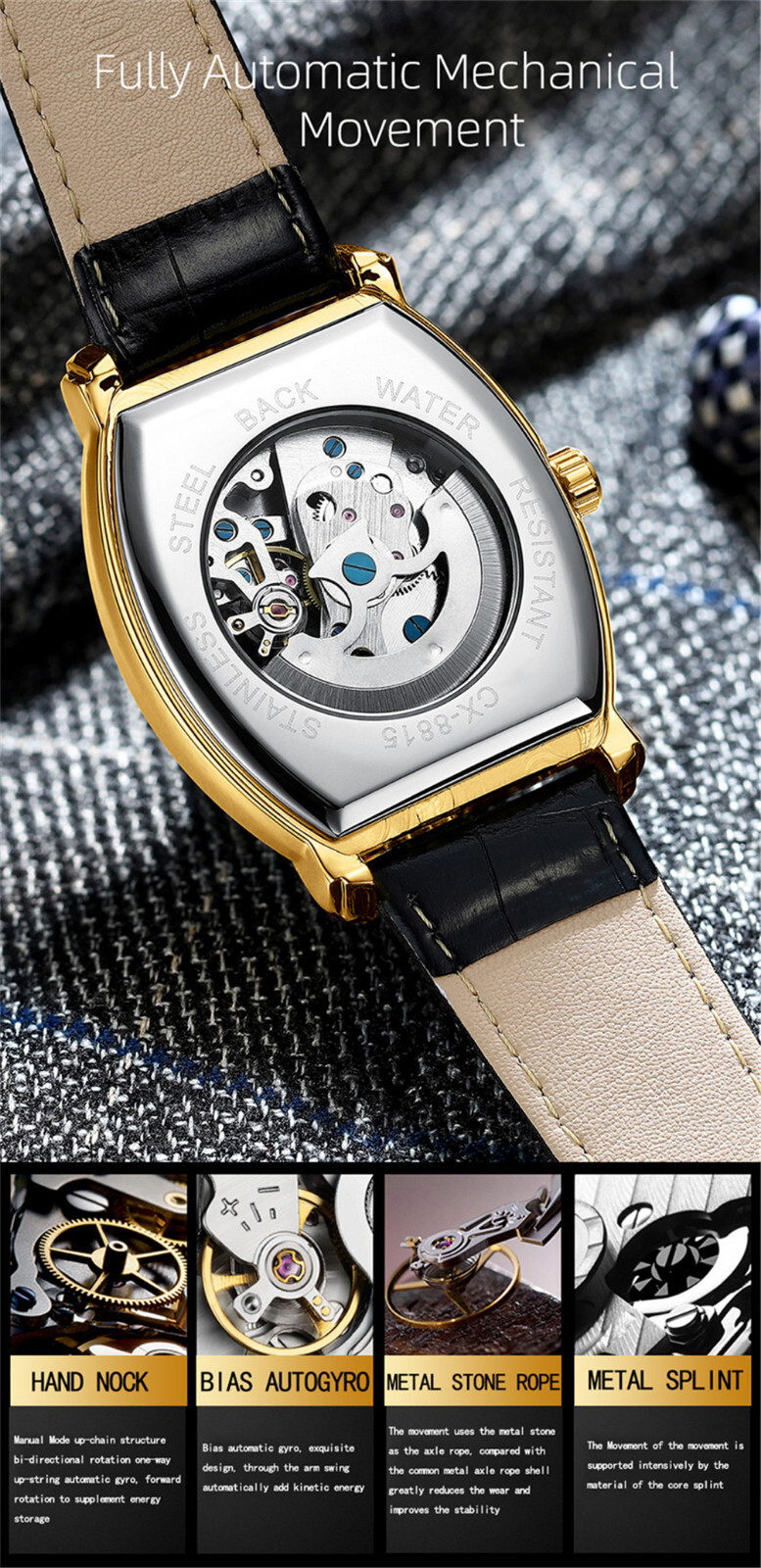 CHENXI Men Mechanical Watch Automatic Leather Rectangle Business Male Wristwatch