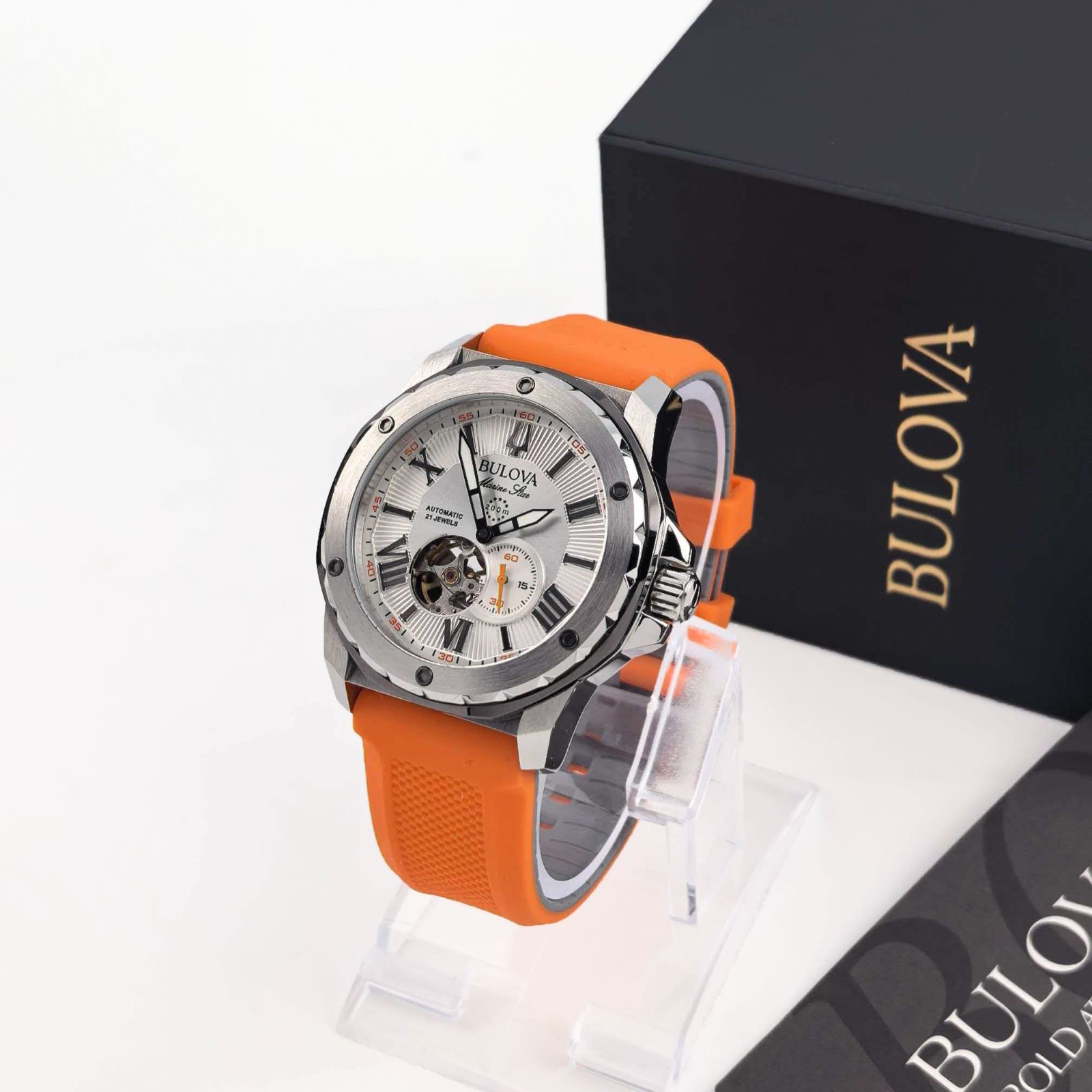 Bulova 98A226 Marine Star Men’s Silver Dial Orange Rubber Strap Automatic Watch