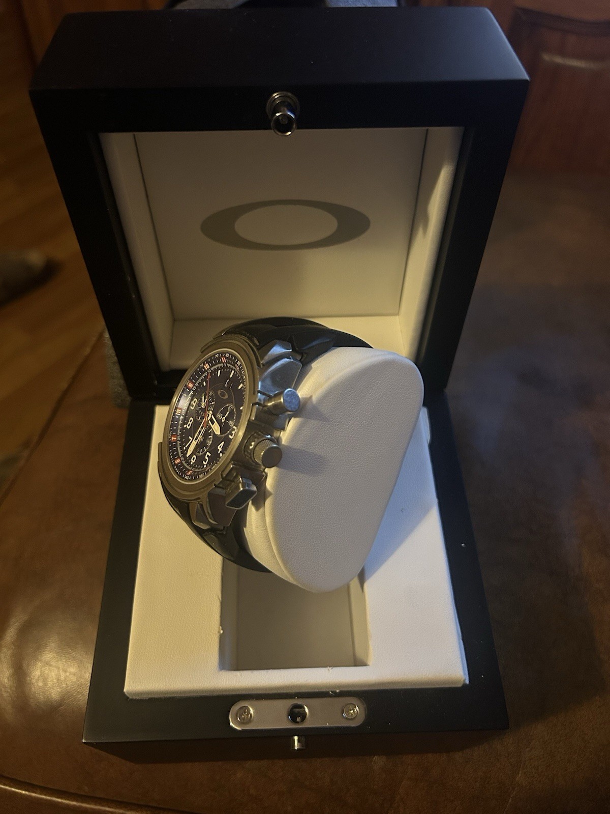 Oakley 12 Gauge Quartz Wristwatch Blue Dial Silver Steel 45mm Black Strap Box