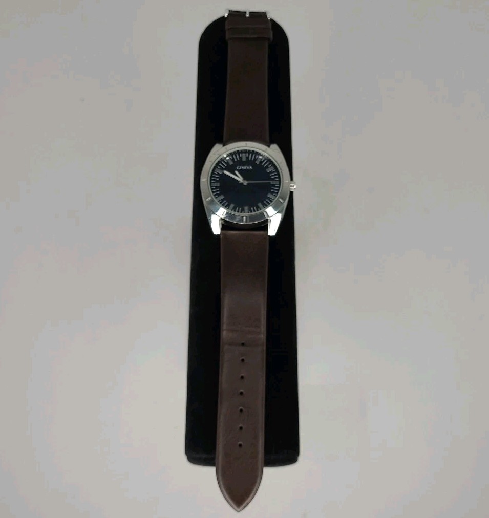 Geneva Men’s Watch Blue Dial Brown Strap Silver Tone Case New Battery Works