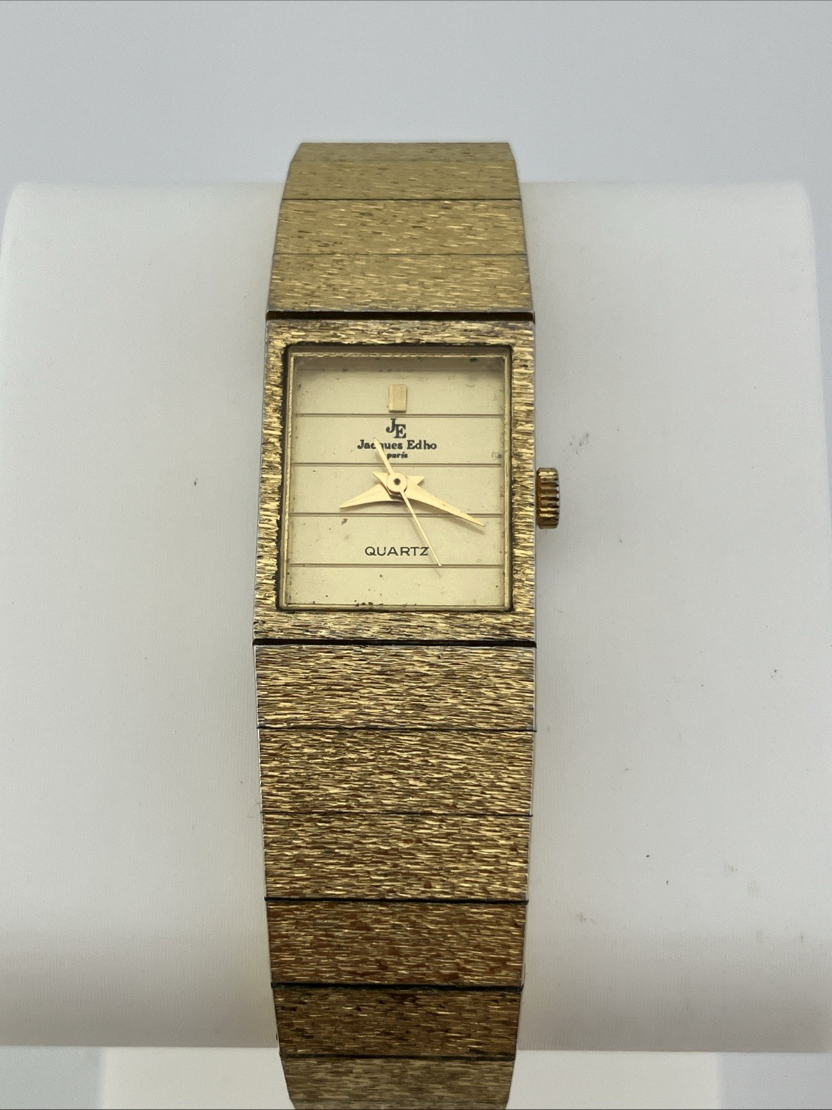 Vtg Jaques Edho Paris Ladies 15mm Watch Gold Tone Rectangle Dial 5.75″ – RUNS