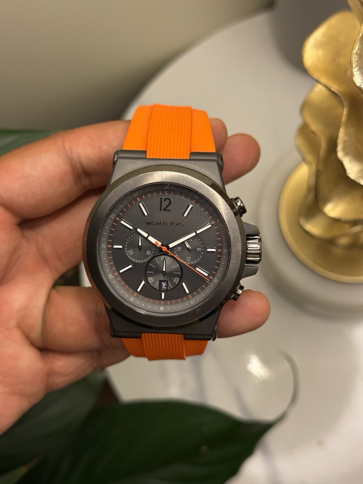 Michael Kors Gray Dial Chronograph Watch with Orange Strap Mens
