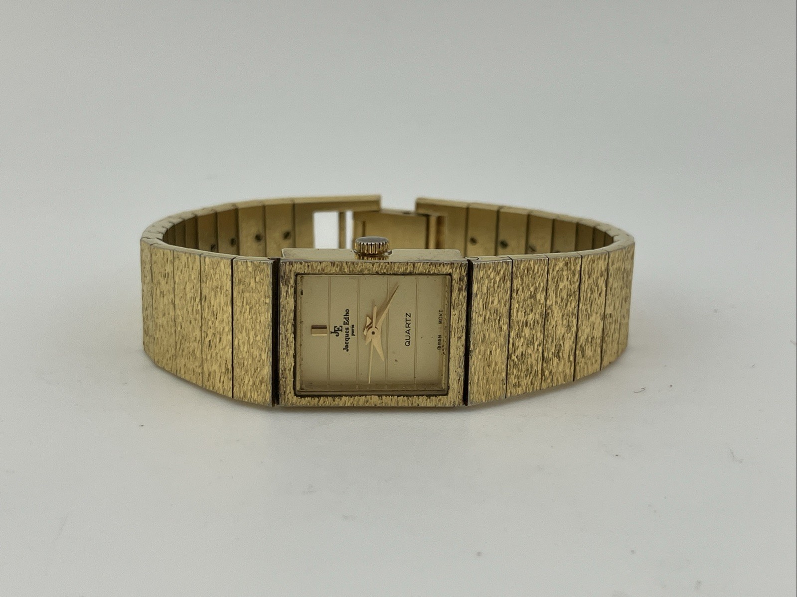 Vtg Jaques Edho Paris Ladies 15mm Watch Gold Tone Rectangle Dial 5.75″ – RUNS