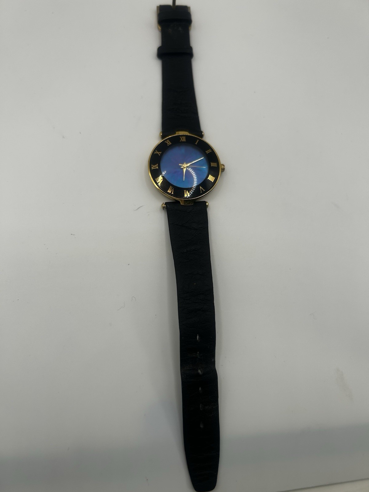 Vintage I.D. Titanium Blue Purple Iridescent Dial Women’s Watch Gold Leather
