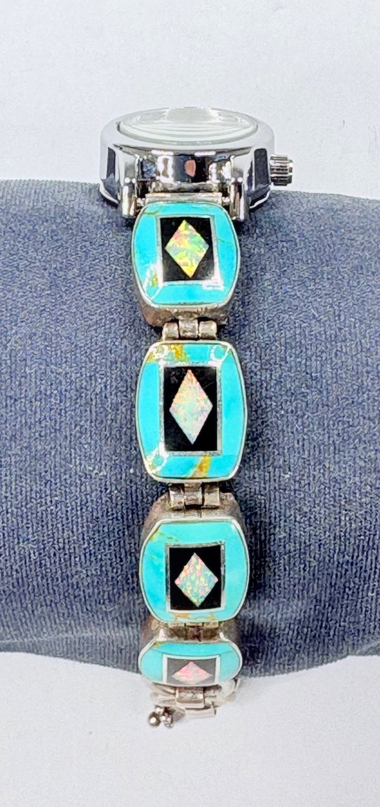 Southwest Style Women’s Bracelet Watch~Sterling, Turquoise, Lab Opal-New/Refurb.